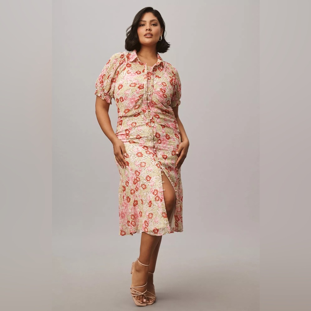 Floral Button-Front Midi Dress in Pink and Cream